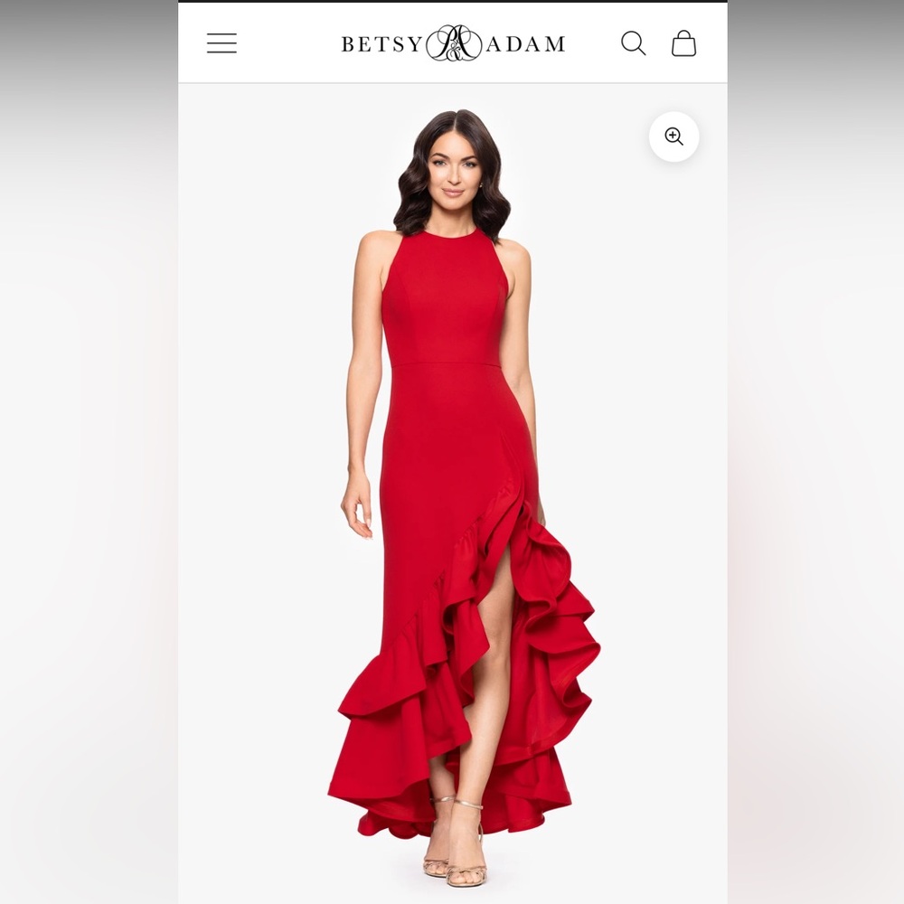 Betsy & Adam 18W Vibrant Red Scuba Crepe Ruffle Slit High-Low Gown